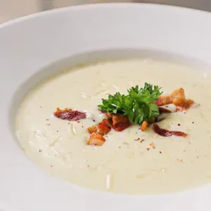 Creamy potato soup with crispy bacon, Emmental cheese