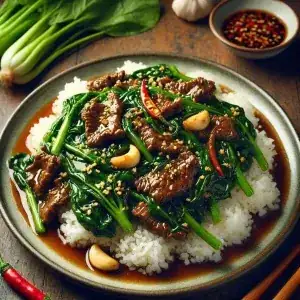 Stir-fried beef and water spinach rice