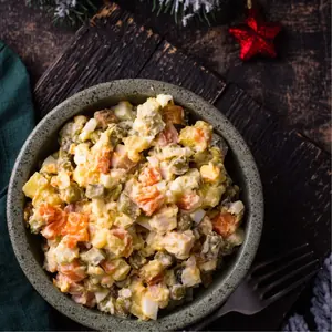 Olivier salad with sausage