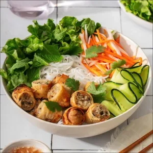 Vermicelli with fried spring rolls