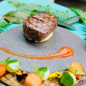 Australian beef filet mignon with mashed potato, red wine sauce