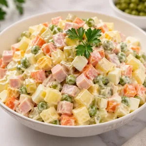 Olivier salad with sausage