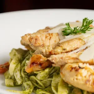 Fettuccine pesto chicken and Parmesan cheese