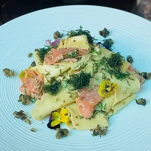 Pappardelle with smoked salmon, crispy capers, dill, grain mustard, extra virgin olive oil